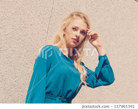Fashion model wearing blue navy shirt 137965391