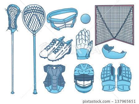 一組長曲棍球運動器材的插圖。 一組長曲棍球運動器材的插圖。 137965651