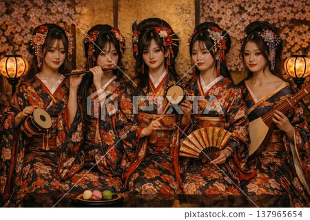 A group of women in traditional Japanese attire playing traditional instruments on a cherry blossom night | Japanese culture and a fantastical spring scene 137965654