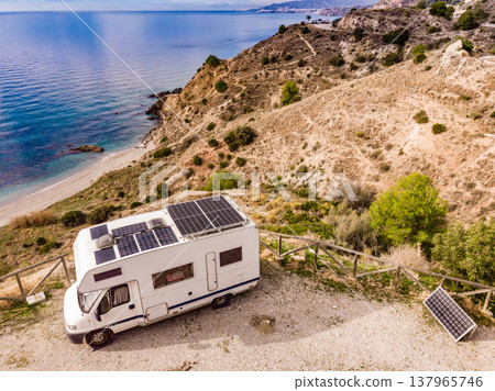 Rv camper on spanish coast. Aerial view Rv camper on spanish coast. Aerial view 137965746