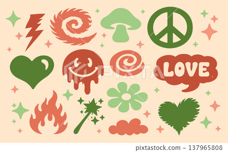 Retro groovy cool with vector sticker acid and y2k rave vintage. Shape cartoon icon with logo retro label and pattern smile graphic. Pack trendy retro with trippy abstract vector and groovy Retro groovy cool with vector sticker acid and y2k rave vintage. Shape cartoon icon with logo retro label and pattern smile graphic. Pack trendy retro with trippy abstract vector and groovy 137965808