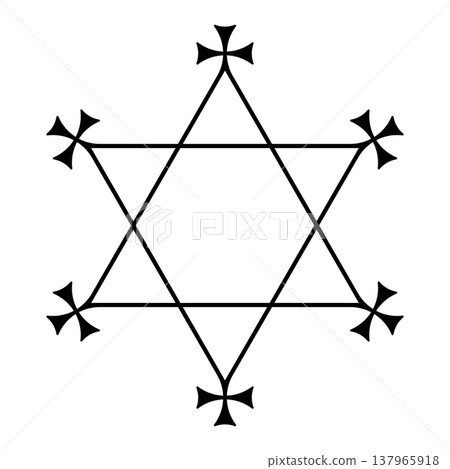 Hexagram shaped pentacle with crosses at the points. Protective sigil in the shape of a six-pointed star or sexagram, with crosses patty on each point. Isolated, black and white illustration. Vector Hexagram shaped pentacle with crosses at the points. Protective sigil in the shape of a six-pointed star or sexagram, with crosses patty on each point. Isolated, black and white illustration. Vector 137965918