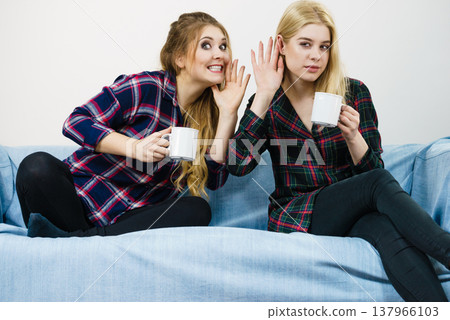 Female friends gossiping together Female friends gossiping together 137966103