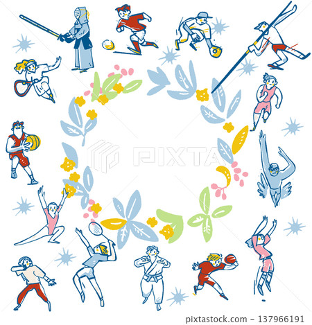A design featuring a circular arrangement of various sports athletes. A design featuring a circular arrangement of various sports athletes. 137966191