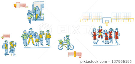 Scenes of students interacting with each other while traveling by bus or bicycle, which marks the transition from club activities to community activities. 137966195