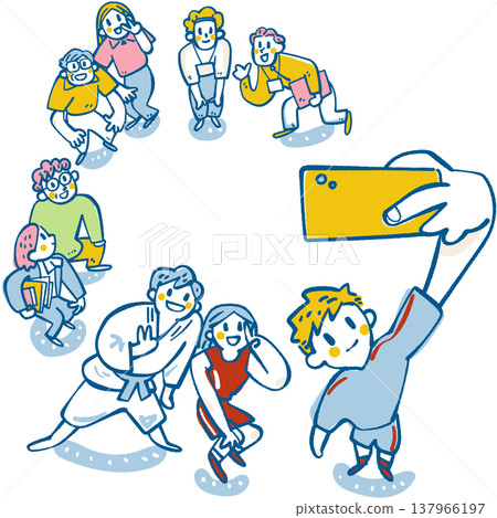 A successful scene of a club activity's transition into the community: students, teachers, local residents, and experts taking a selfie together in a circle. 137966197