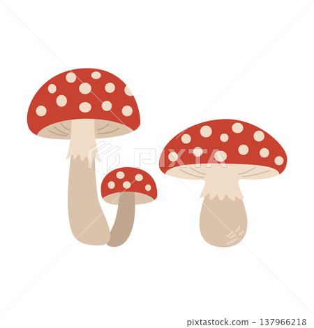 Various stylized red and white spotted fly agaric mushroom characters on white background Various stylized red and white spotted fly agaric mushroom characters on white background 137966218