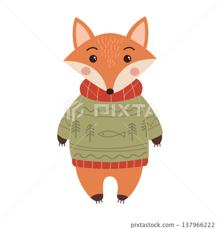 Charming vector fox character wearing green textured knit sweater and red scarf on white background 137966222