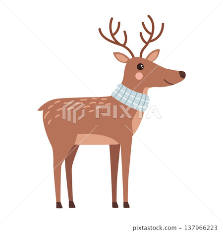 Elegant vector illustration of a brown forest deer with antlers and blue knitted collar on white background 137966223