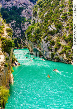 Boats on water, Verdon Gorge in Provence France. 137966283