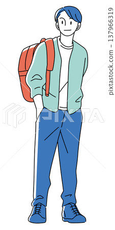 A full-body illustration of a man in his 20s standing with a backpack on, dressed in casual spring/summer clothing. A full-body illustration of a man in his 20s standing with a backpack on, dressed in casual spring/summer clothing. 137966319