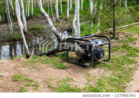Water pump placed near a pond in a forest during the daytime Water pump placed near a pond in a forest during the daytime 137966365