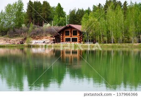 Wooden house by a lake with trees reflecting in the water during daytime in a natural setting Wooden house by a lake with trees reflecting in the water during daytime in a natural setting 137966366