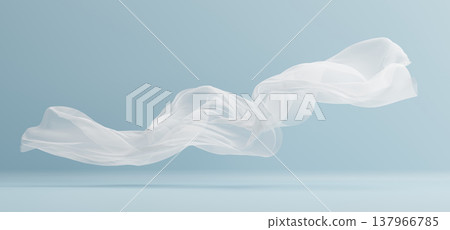 Sheer white chiffon fabric flowing in the wind on light blue background 3D render Sheer white chiffon fabric flowing in the wind on light blue background 3D render 137966785