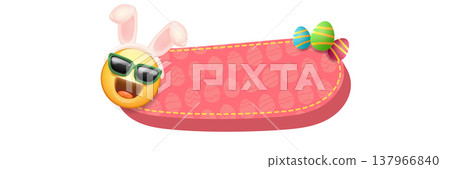 Easter pink horizontal banner with happy emoji mascot. Easter Smiling character with sunglasses and bunny ears, colorful eggs and text space on white background. Festive spring vector illustration 137966840