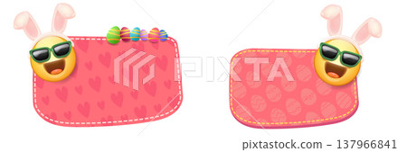 Easter pink horizontal banner with happy emoji mascot. Easter Smiling character with sunglasses and bunny ears, colorful eggs and text space on white background. Festive spring vector illustration Easter pink horizontal banner with happy emoji mascot. Easter Smiling character with sunglasses and bunny ears, colorful eggs and text space on white background. Festive spring vector illustration 137966841