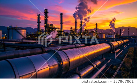 A highly detailed oil refinery, with massive steel pipelines A highly detailed oil refinery, with massive steel pipelines 137967001