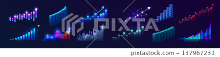 Financial Growth Analytics Bars Icon Set, Fintech Rise Chart Logo, Business Profit Up Chart Stock Candle. Benefit Development Invest, Money Inflation, Business Sale Plan Signs. Vector Illustration 137967231