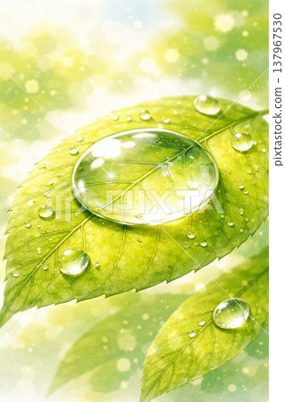 嫩葉/鮮綠系列：嫩葉特寫，葉片上掛著水珠 137967530