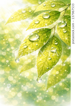嫩葉/鮮綠系列：清爽的背景，水滴反射著光線。 137967533