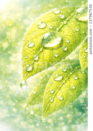 嫩葉/鮮綠系列：水滴和嫩葉的微距背景 137967536
