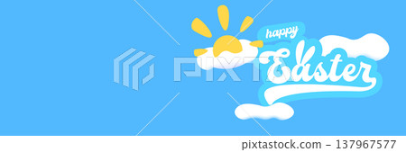 Happy Easter horizontal banner with blue sky background. White lettering with bunny ears and yellow sun behind clouds. Minimalist spring holiday greeting and promotion. Vector illustration Happy Easter horizontal banner with blue sky background. White lettering with bunny ears and yellow sun behind clouds. Minimalist spring holiday greeting and promotion. Vector illustration 137967577