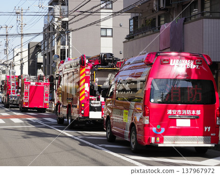 Road where emergency vehicles have gathered Road where emergency vehicles have gathered 137967972