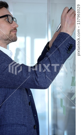 Businessman brainstorming new strategies and analyzing project ideas on a glass whiteboard, developing innovative solutions for corporate growth and leadership 137968029