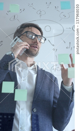 Businessman conversing on a mobile phone while actively developing new business strategies and projects, managing tasks on a glass whiteboard during a planning session 137968030