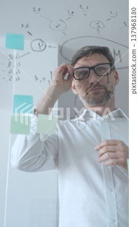 Stressed businessman suffering from a headache and feeling overwhelmed by work pressure. Experiencing burnout while leaning against a glass whiteboard covered in strategy notes and diagrams Stressed businessman suffering from a headache and feeling overwhelmed by work pressure. Experiencing burnout while leaning against a glass whiteboard covered in strategy notes and diagrams 137968180
