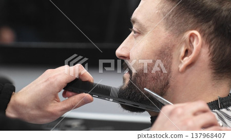 Skilled barber carefully trimming client's beard with precision scissors and sharp comb, working inside contemporary grooming salon Skilled barber carefully trimming client's beard with precision scissors and sharp comb, working inside contemporary grooming salon 137968407