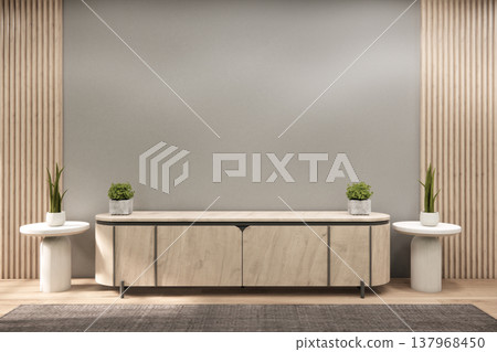 Cabinet wooden,Modern Mock up japandi design on living room zen style, Greige wall background.3D rendering 137968450