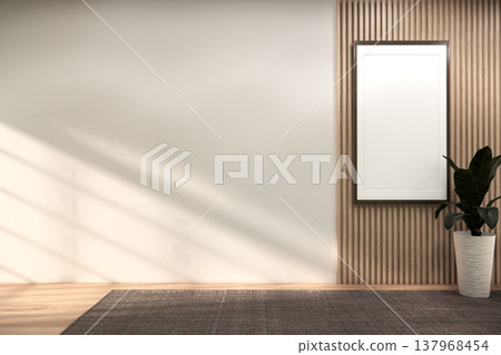 Modern japandi style Empty room minimal with wood panels wall background 3D illustration rendering Modern japandi style Empty room minimal with wood panels wall background 3D illustration rendering 137968454