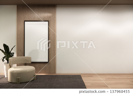 living room has arm chair, Mock up carpet on wooden floor on white wall with plants and wall wooden design decoration.3D rendering living room has arm chair, Mock up carpet on wooden floor on white wall with plants and wall wooden design decoration.3D rendering 137968455