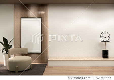 living room has arm chair, Mock up carpet on wooden floor on white wall with plants and wall wooden design decoration.3D rendering living room has arm chair, Mock up carpet on wooden floor on white wall with plants and wall wooden design decoration.3D rendering 137968456