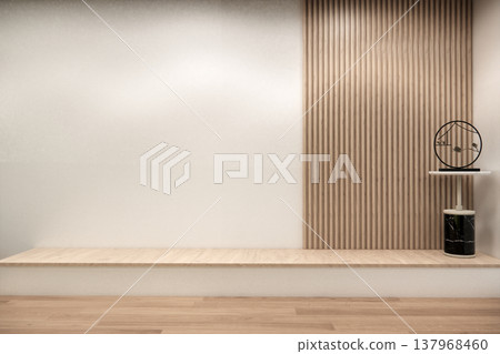 Modern japandi style Empty room minimal with wood panels wall background 3D illustration rendering 137968460