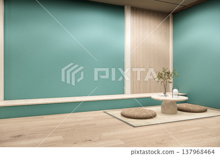 lowtable set and decoration japandi on mint Modern living room modern white and wooden panel wall .3D rendering lowtable set and decoration japandi on mint Modern living room modern white and wooden panel wall .3D rendering 137968464