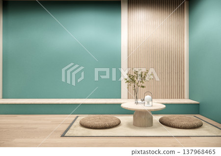 lowtable set and decoration japandi on mint Modern living room modern white and wooden panel wall .3D rendering lowtable set and decoration japandi on mint Modern living room modern white and wooden panel wall .3D rendering 137968465