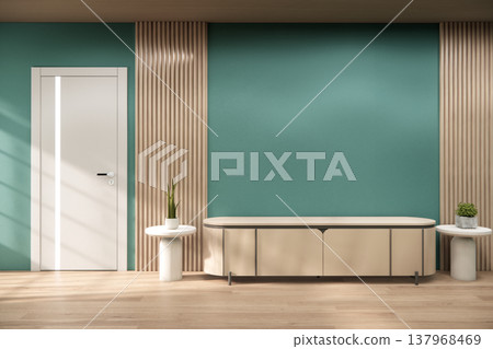 Empty room, Mock up on wooden floor on mint wall with plants and wall wooden design decoration.3D rendering Empty room, Mock up on wooden floor on mint wall with plants and wall wooden design decoration.3D rendering 137968469