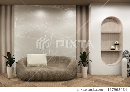 Living room with sofa Modern japandi style Empty room minimal with wood panels wall background 3D illustration rendering 137968484