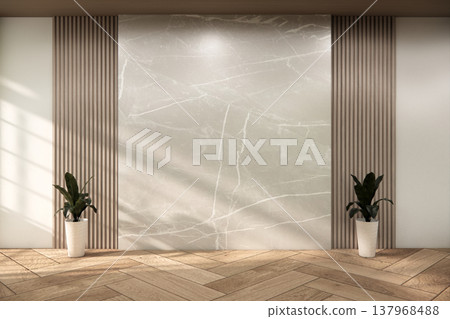 Modern japandi style Empty room minimal with wood panels wall background 3D illustration rendering Modern japandi style Empty room minimal with wood panels wall background 3D illustration rendering 137968488