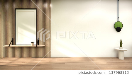 Modern japandi style Empty room minimal with wood panels wall background 3D illustration rendering 137968513