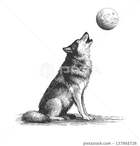Wolf Howling at the Moon Illustration Vintage Engraved Vector Mystic Night Scene Wolf Howling at the Moon Illustration Vintage Engraved Vector Mystic Night Scene 137968726