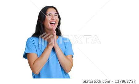 Woman praying looking up hopeful joyful expression 137968757