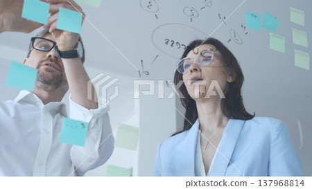 Business colleagues collaborating on an innovative project, brainstorming ideas and developing a strategic plan using sticky notes on a clear glass whiteboard 137968814
