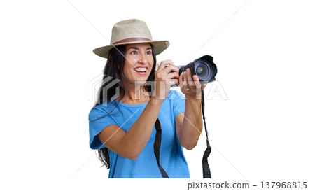 Woman tourist taking pictures with a camera enjoying travel Woman tourist taking pictures with a camera enjoying travel 137968815