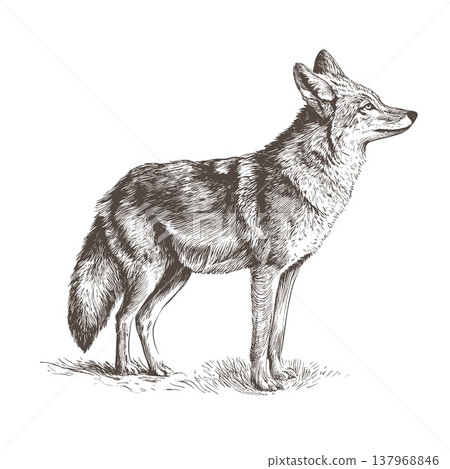 Coyote Logo Illustration Vintage Engraved Vector Wild Animal Emblem Design 137968846