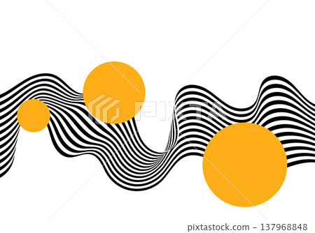 Abstract black and white wavy line with yellow circles in op-art style on isolated white background. Eps 10 137968848