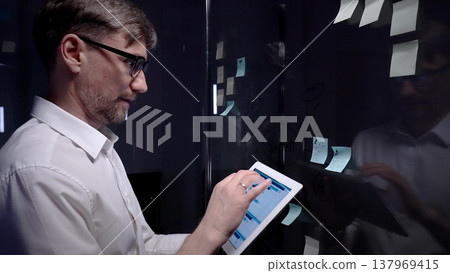Business professional analyzing data on a tablet and planning strategy with adhesive notes on a glass board, brainstorming and organizing ideas for project development in a modern office Business professional analyzing data on a tablet and planning strategy with adhesive notes on a glass board, brainstorming and organizing ideas for project development in a modern office 137969415