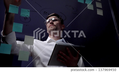 Man in eyeglasses organizing thoughts and ideas for business optimization on a clear glass board. Creating a strategic roadmap for innovation and project planning 137969450
